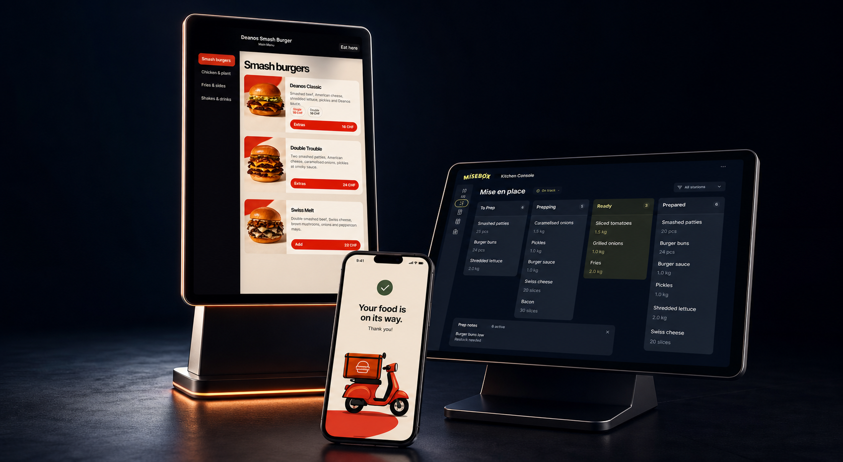 Deanos menu kiosk, Misebox Mise en place Console and a delivery order confirmation
